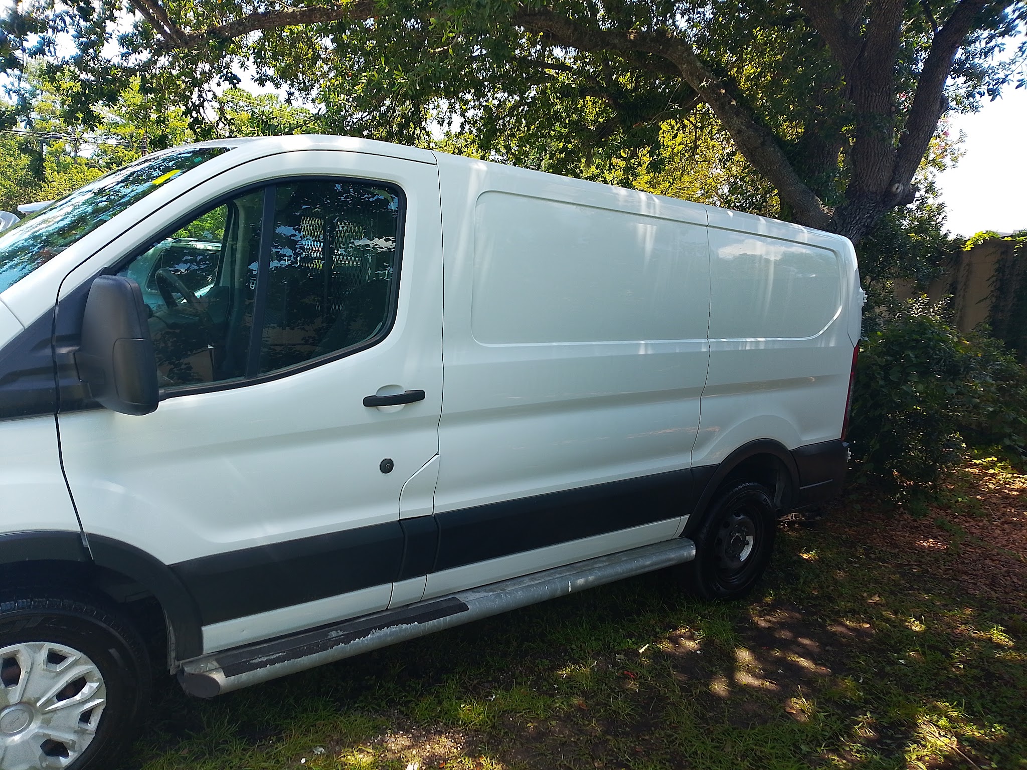 Clean white Ford Transit van parked under an oak tree